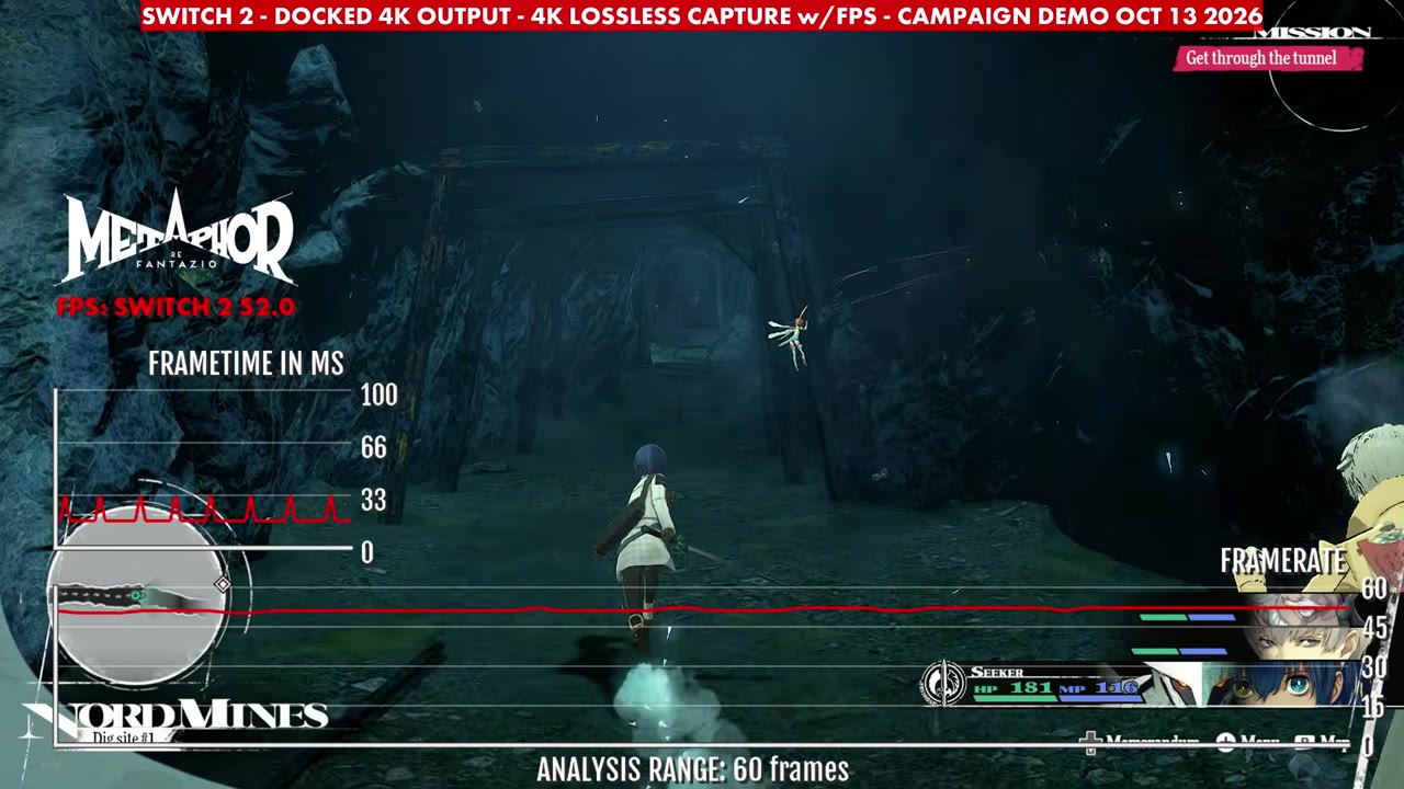 Metaphor: ReFantazio demo docked on Switch 2 in Nord Mines, overlay reading 52 FPS