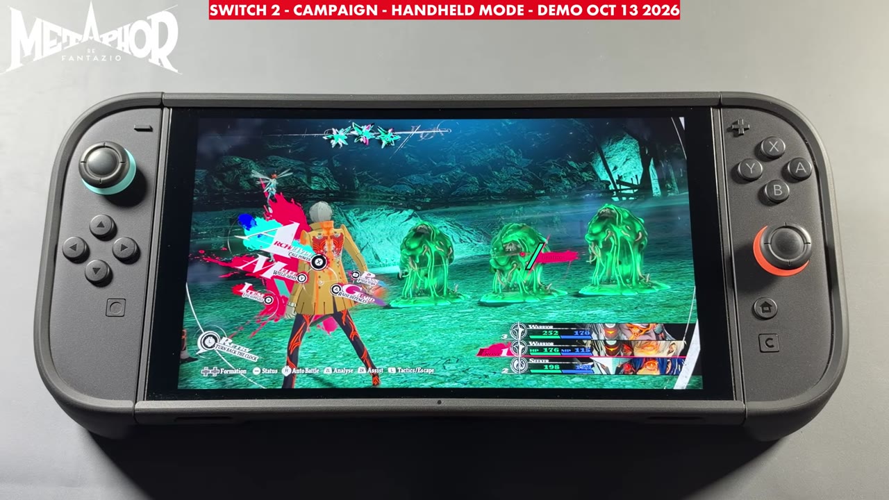 Metaphor: ReFantazio demo turn-based battle in handheld mode on Nintendo Switch 2