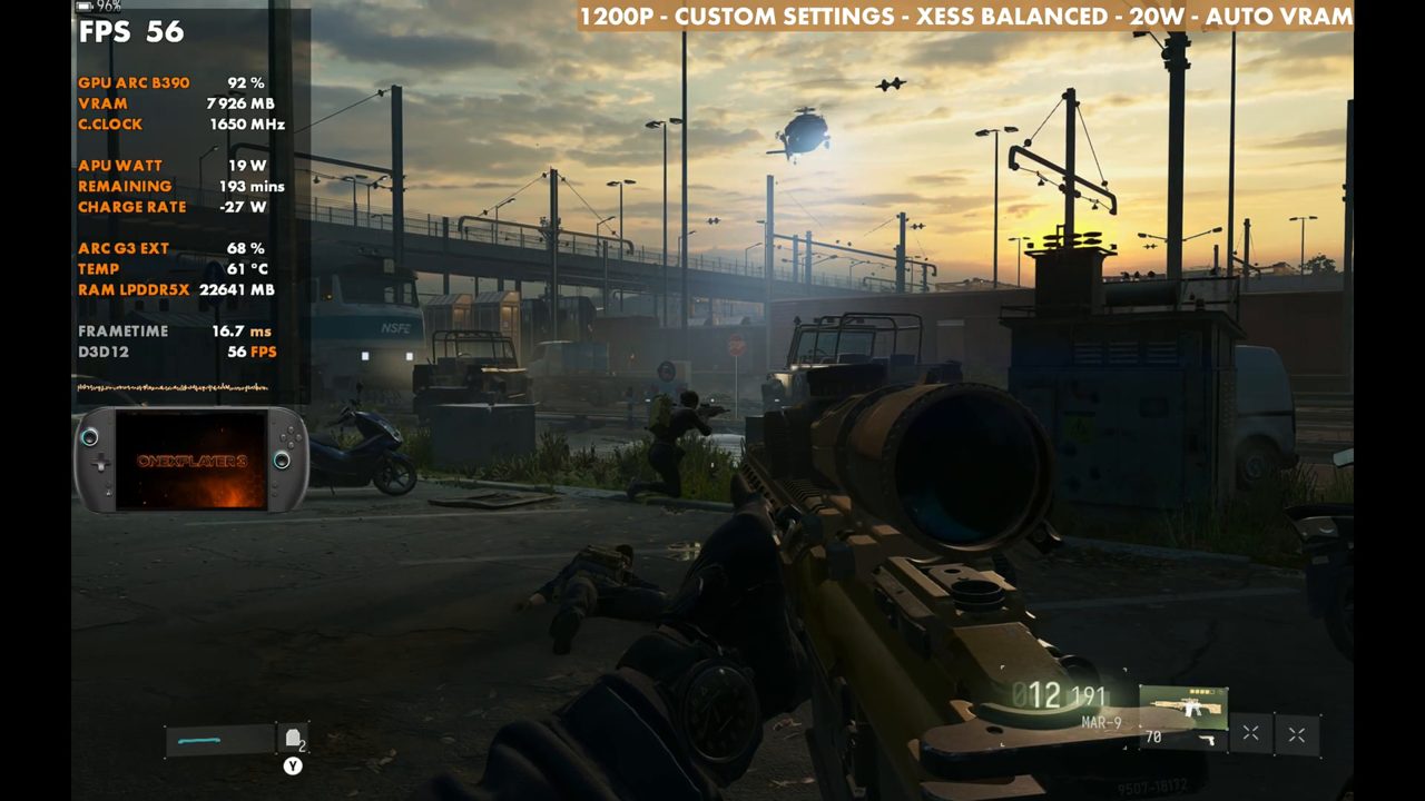 Modern Warfare 4 on OneXPlayer 3 at 56 FPS, same spot, XeSS Balanced, 20W