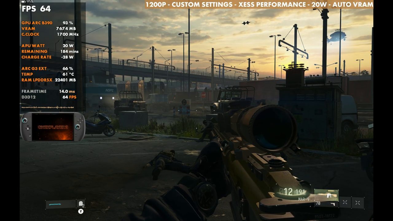 Modern Warfare 4 on OneXPlayer 3 at 64 FPS, same spot, XeSS Performance, 20W