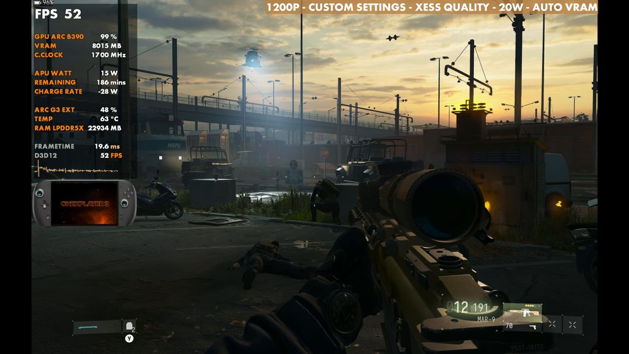 Modern Warfare 4 on OneXPlayer 3 at 52 FPS, same spot, XeSS Quality, 20W