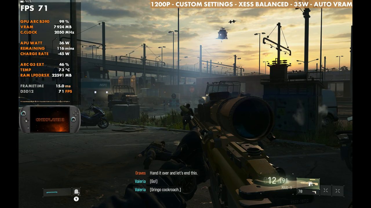 Modern Warfare 4 on OneXPlayer 3 at 71 FPS, sniper overwatch at sunset, 1200p XeSS Balanced, 35W