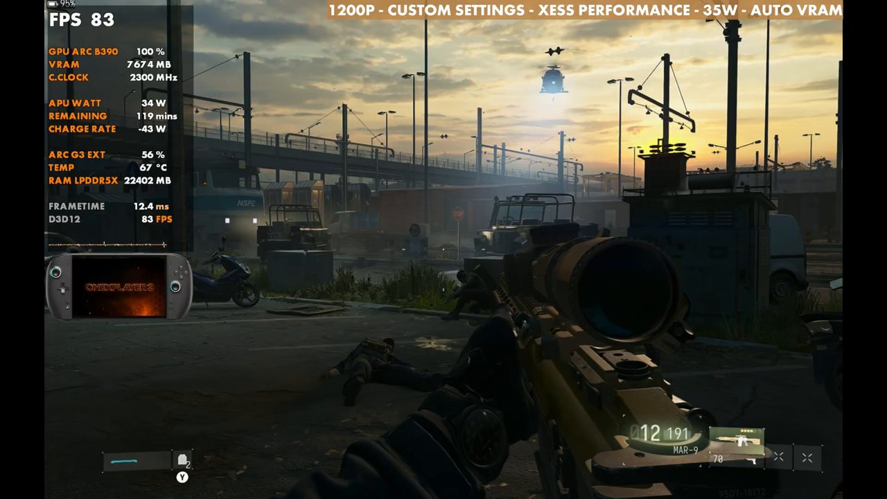 Modern Warfare 4 on OneXPlayer 3 at 83 FPS, same spot, XeSS Performance, 35W