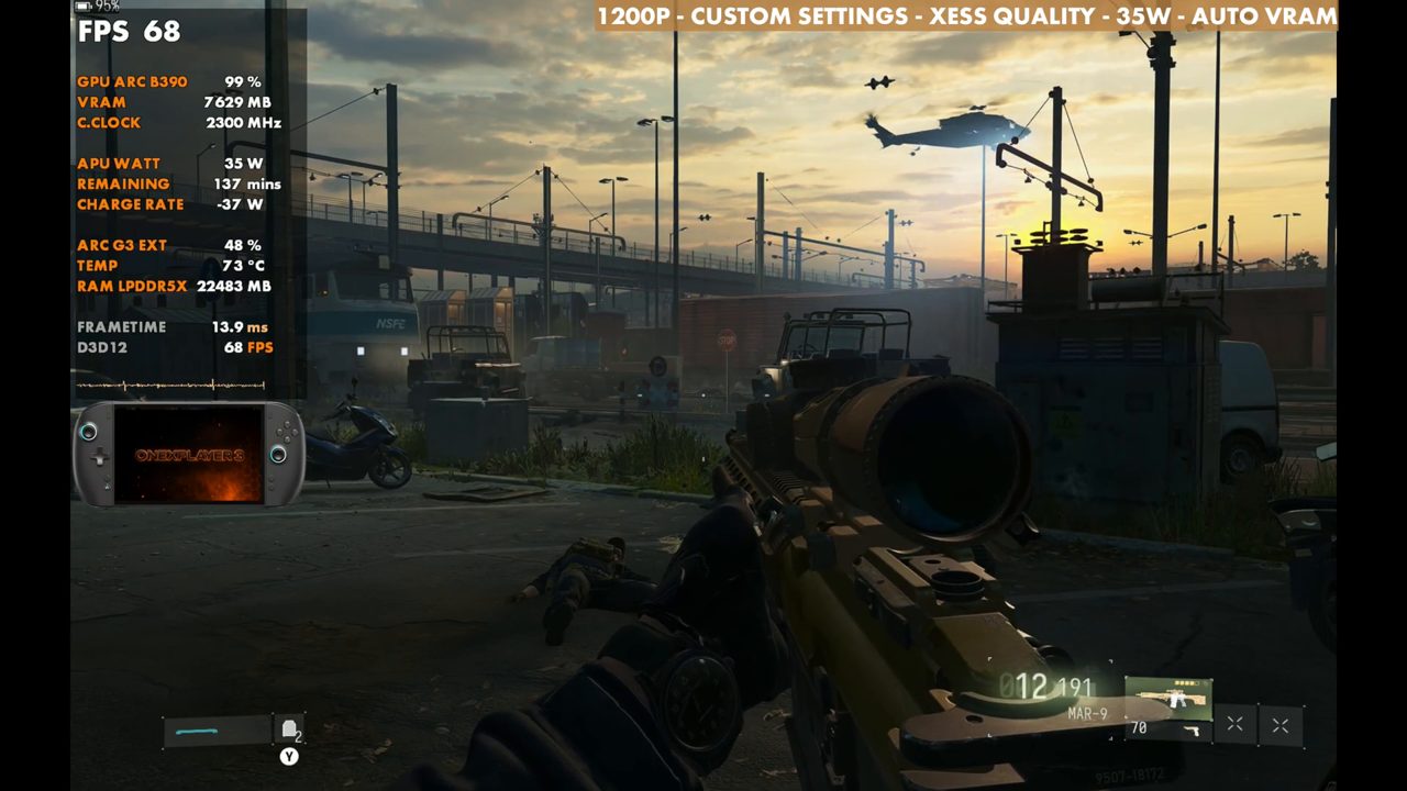 Modern Warfare 4 on OneXPlayer 3 at 68 FPS, same spot, XeSS Quality, 35W