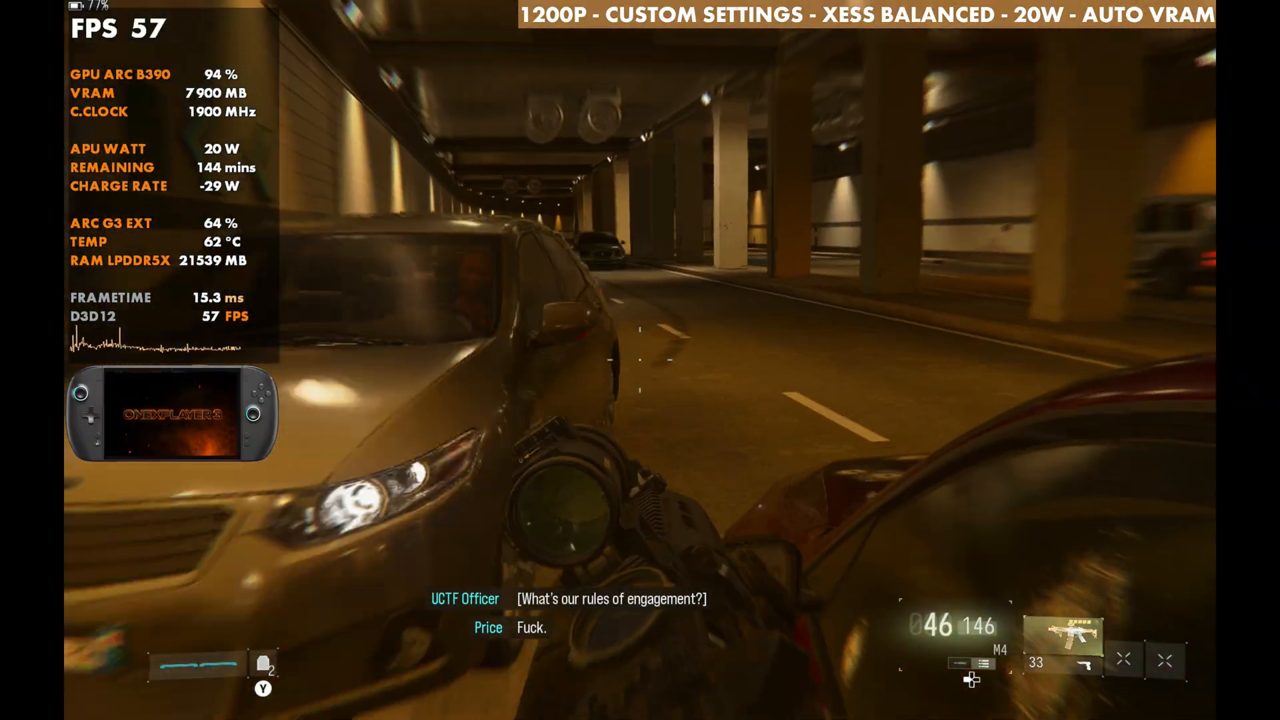 Modern Warfare 4 on OneXPlayer 3 at 57 FPS, chase through a tunnel, 20W