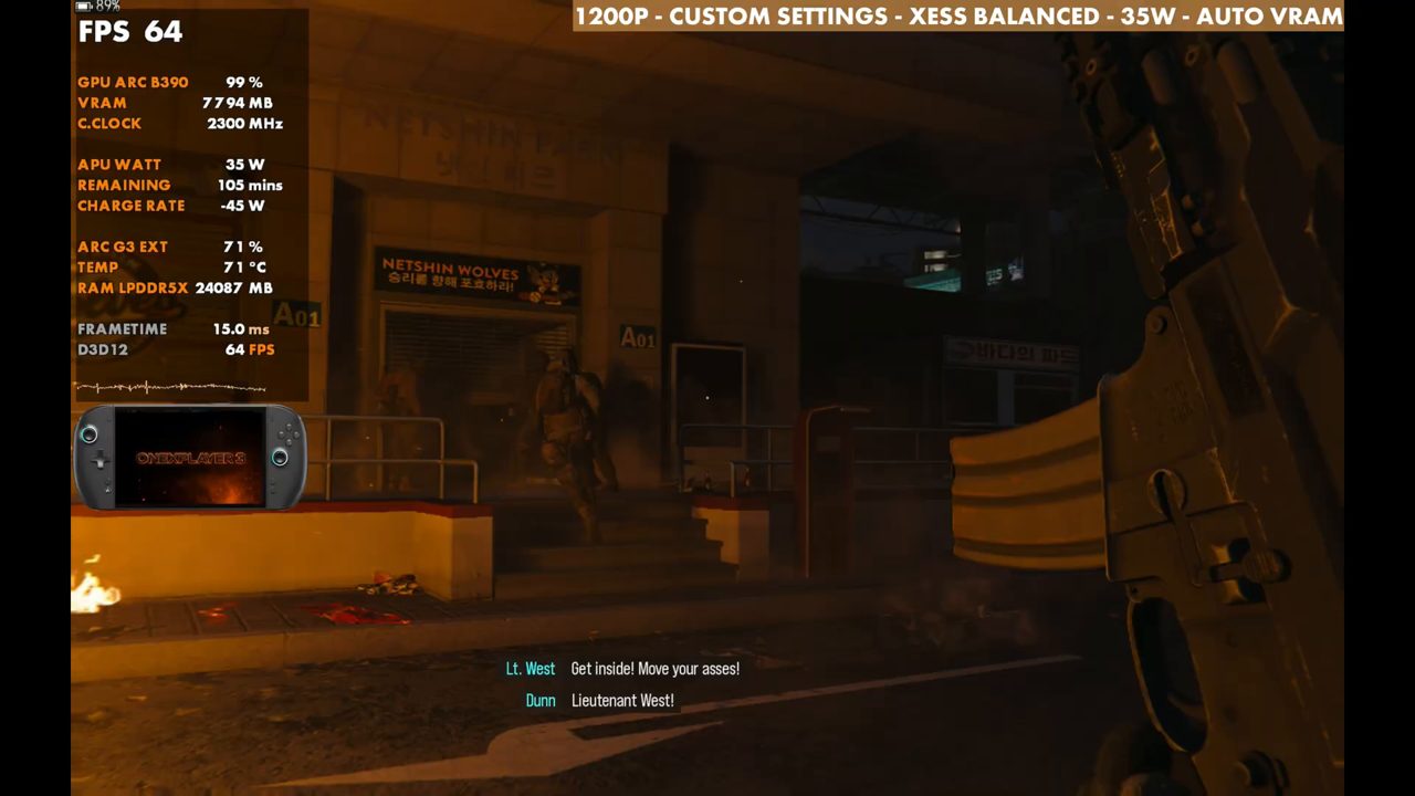 Modern Warfare 4 on OneXPlayer 3 at 64 FPS, dim street corner with fires burning, 35W
