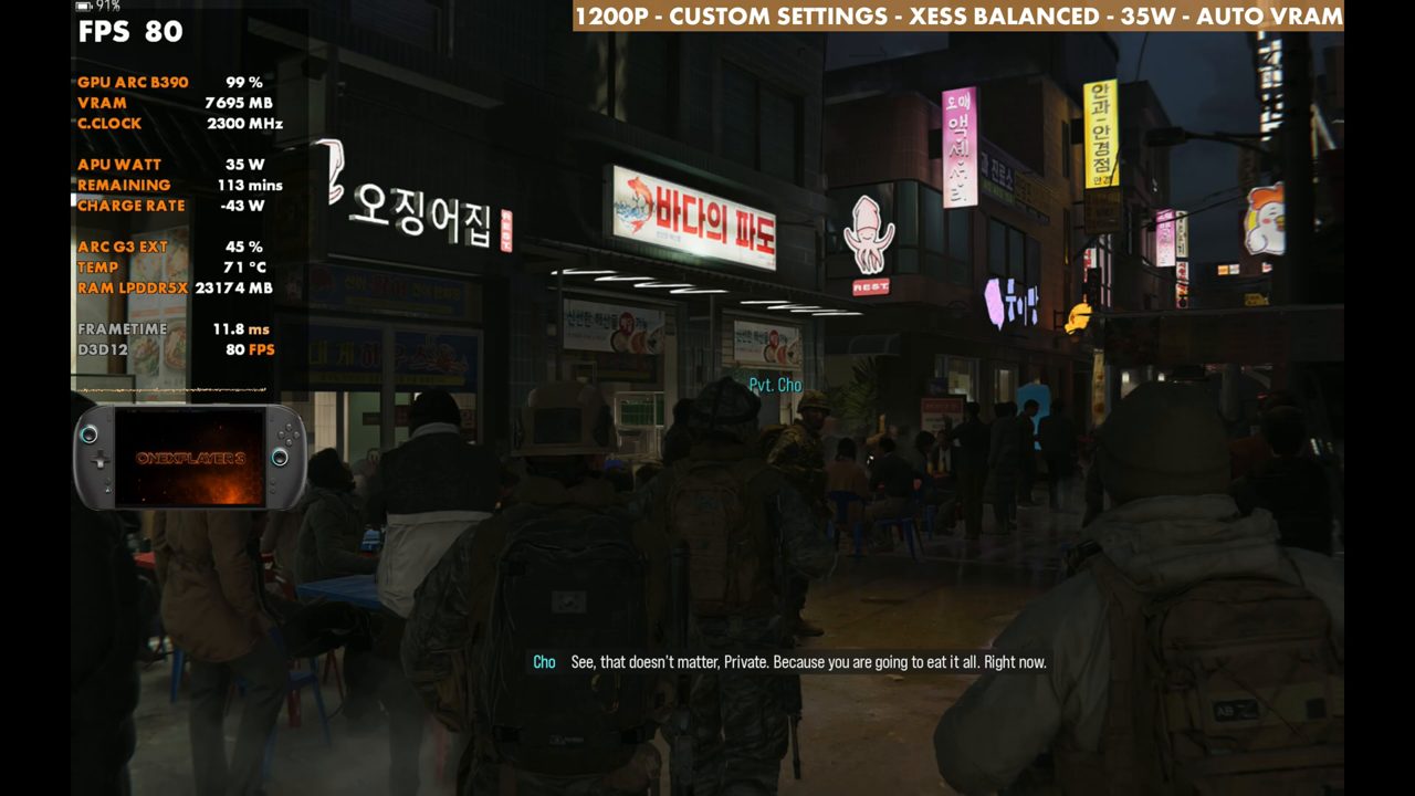 Modern Warfare 4 on OneXPlayer 3 at 80 FPS, squad walking down a neon-lit street, 35W