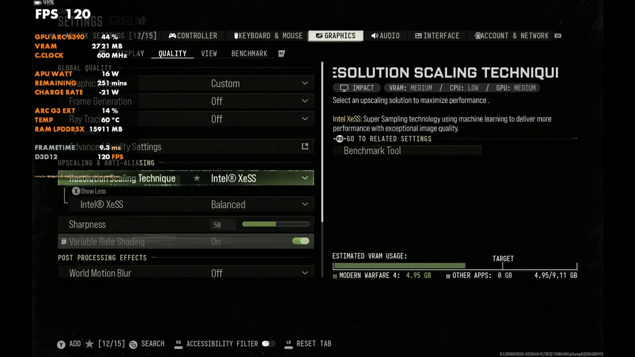 Modern Warfare 4 Quality settings on OneXPlayer 3: Custom preset, frame generation and ray tracing off, Intel XeSS Balanced, sharpness 50