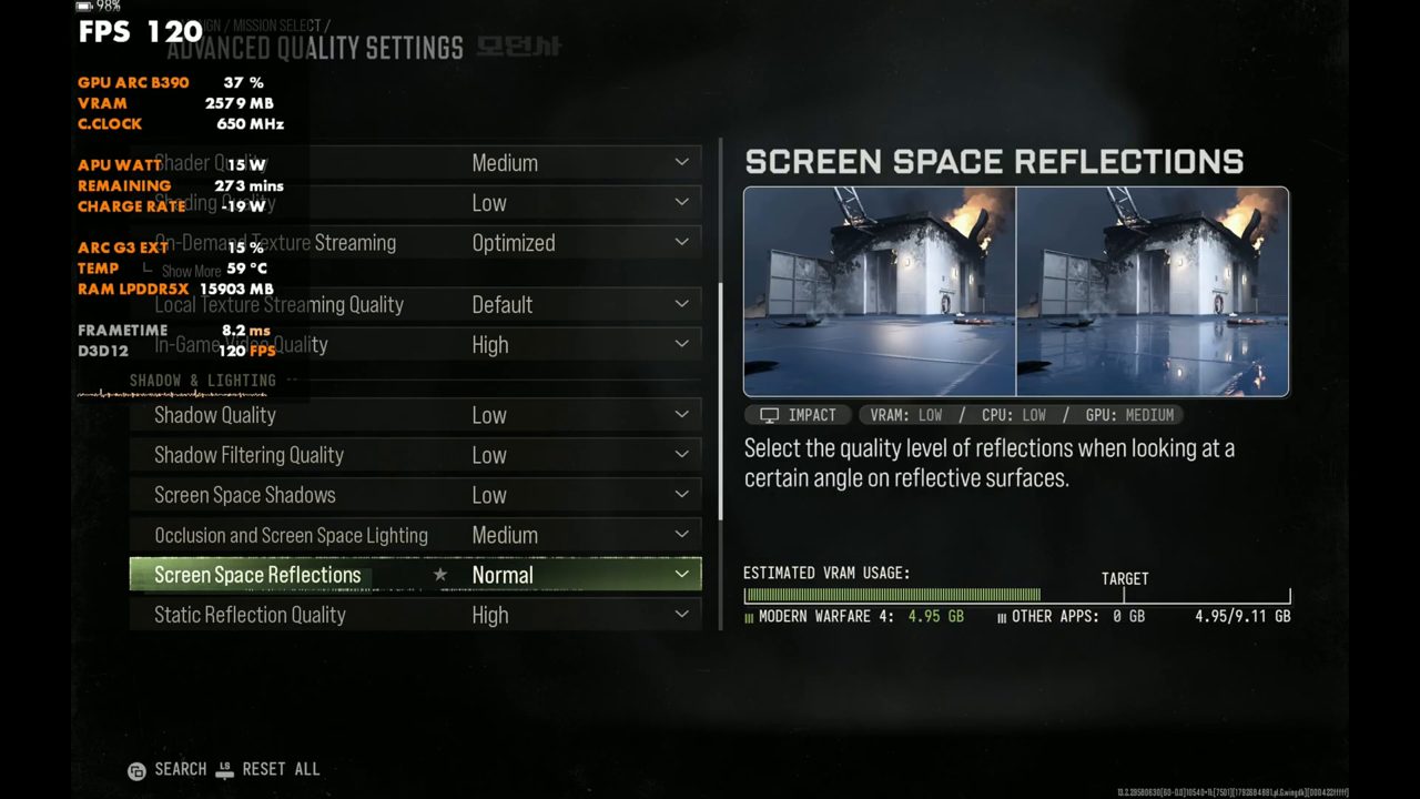 Modern Warfare 4 Shadow and Lighting settings on OneXPlayer 3