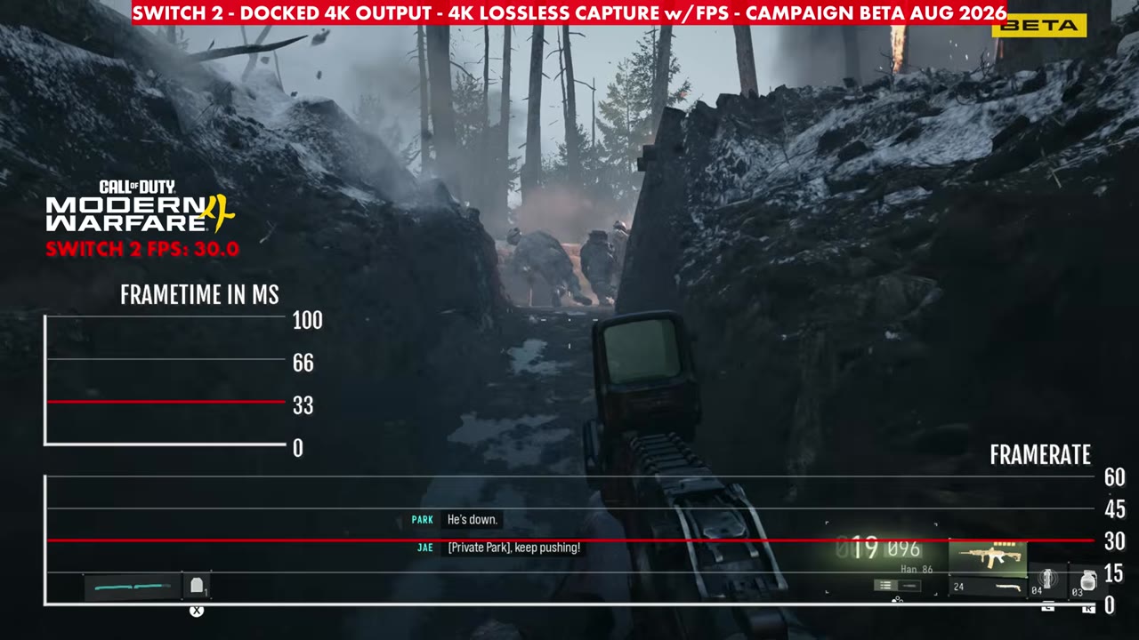 Modern Warfare 4 beta campaign docked on Switch 2, overlay reading 30 FPS