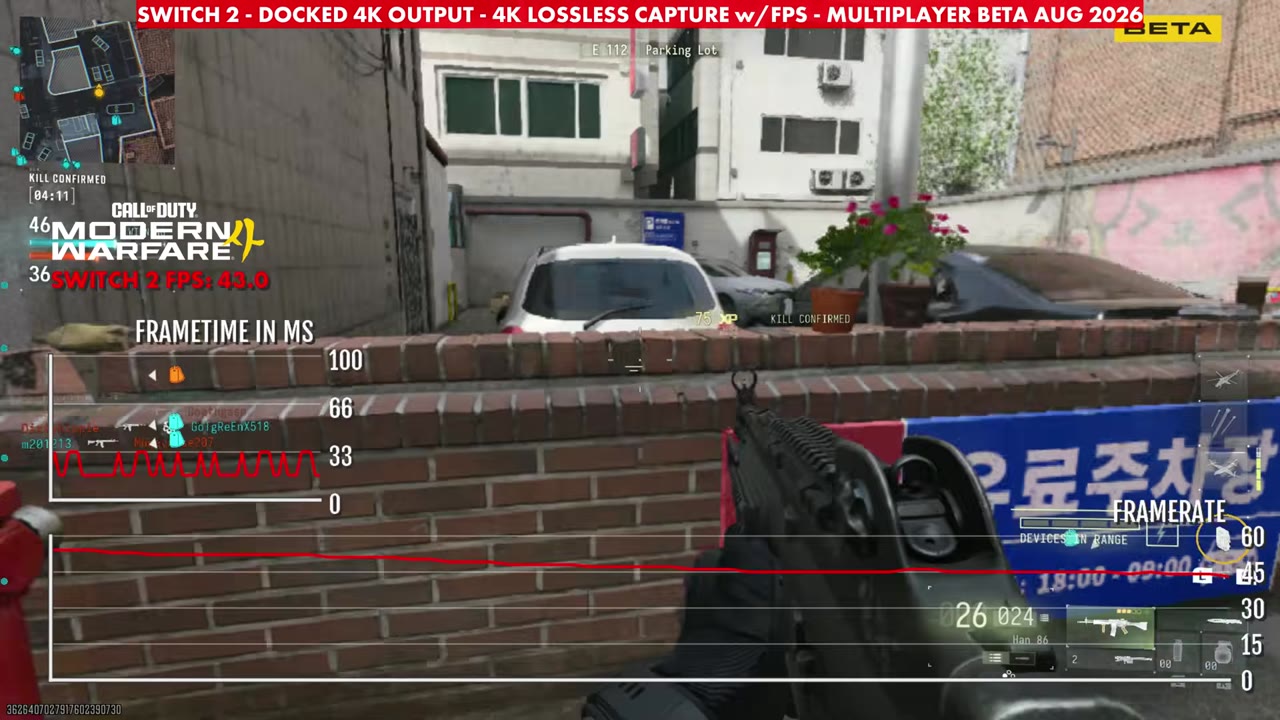 Modern Warfare 4 beta online multiplayer docked on Switch 2, overlay reading 43 FPS