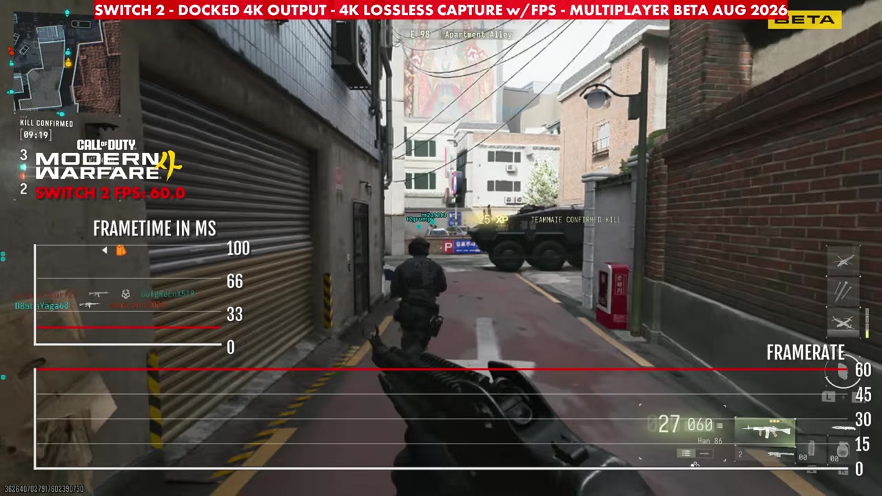 Modern Warfare 4 beta online multiplayer docked on Switch 2, overlay reading 60 FPS