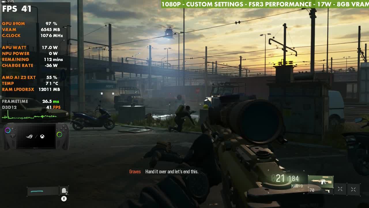 Modern Warfare 4 on ROG Xbox Ally X at 41 FPS, same spot at 17W