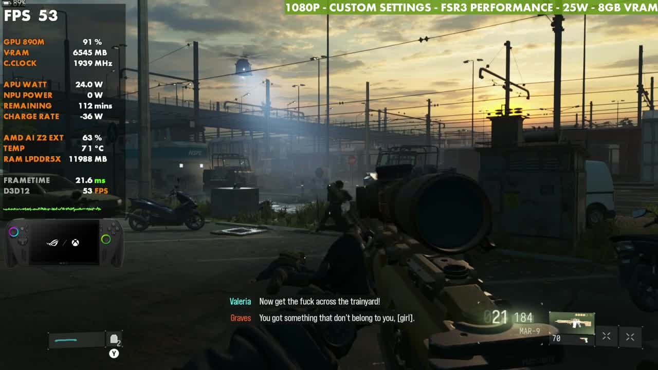 Modern Warfare 4 on ROG Xbox Ally X at 53 FPS, sniper overwatch at sunset, 1080p custom settings, FSR3 Performance, 25W