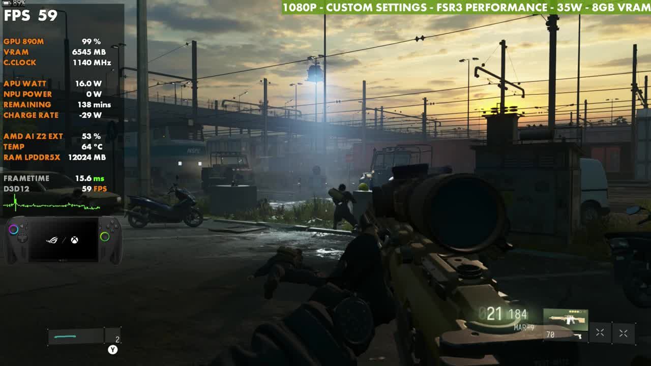 Modern Warfare 4 on ROG Xbox Ally X at 59 FPS, same spot at 35W