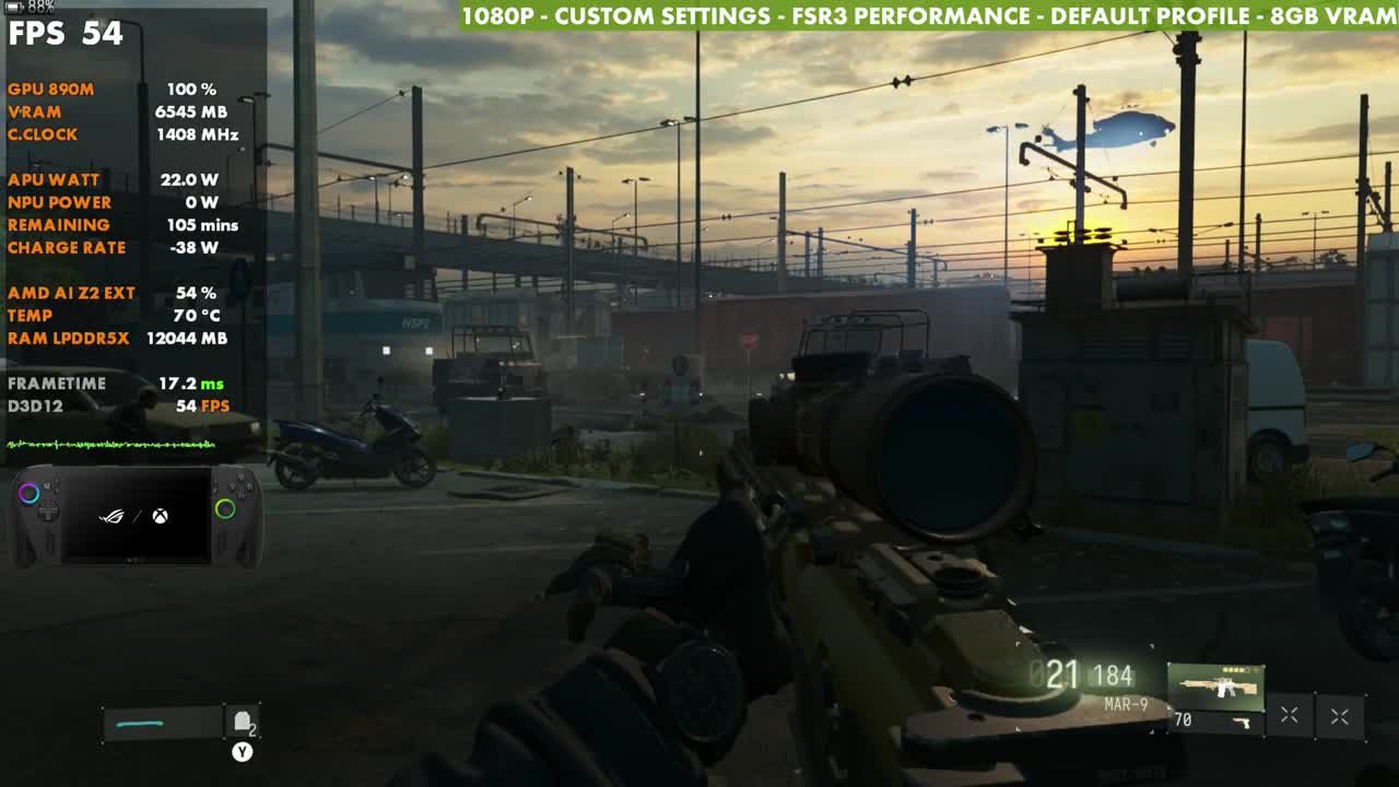 Modern Warfare 4 on ROG Xbox Ally X at 54 FPS with the default Xbox game profile