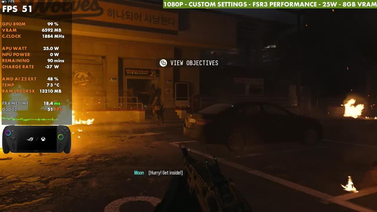 Modern Warfare 4 night street fight with fires on ROG Xbox Ally X at 51 FPS, 25W