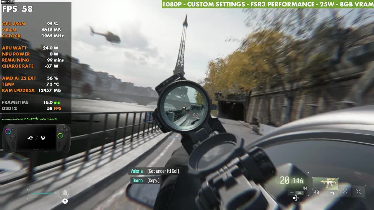 Modern Warfare 4 daytime mission in Paris with the Eiffel Tower in view on ROG Xbox Ally X at 58 FPS, 25W