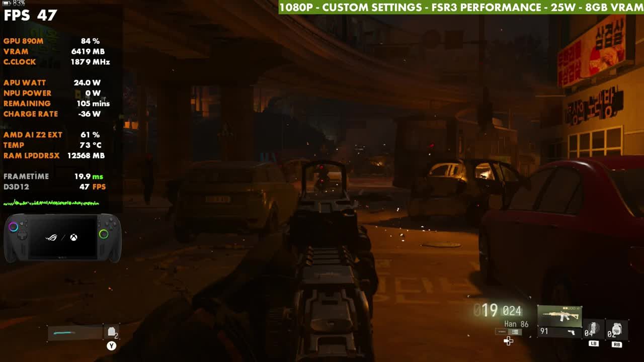 Modern Warfare 4 dark street aiming down a red-dot sight on ROG Xbox Ally X at 47 FPS, 25W