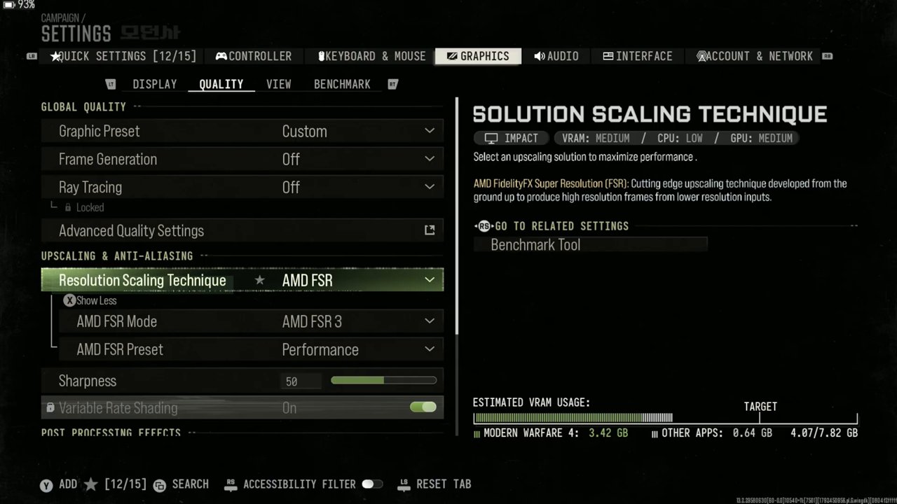 Modern Warfare 4 Quality settings menu showing the Custom preset, frame generation and ray tracing off, and AMD FSR 3 Performance