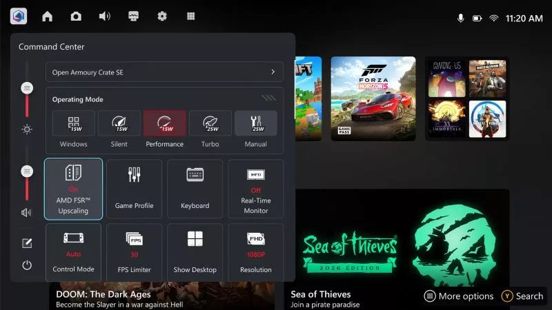 ROG Xbox Ally Command Center with an AMD FSR Upscaling tile switched on