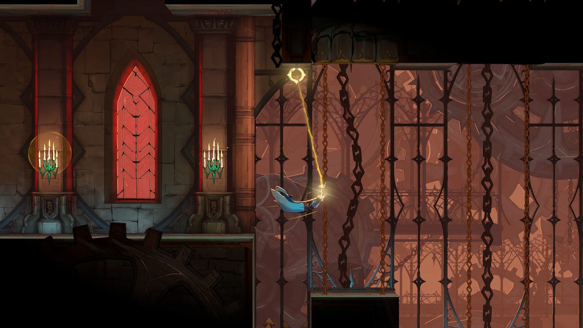 Castlevania: Belmont's Curse gameplay showing the player swinging on a whip through a gothic castle room