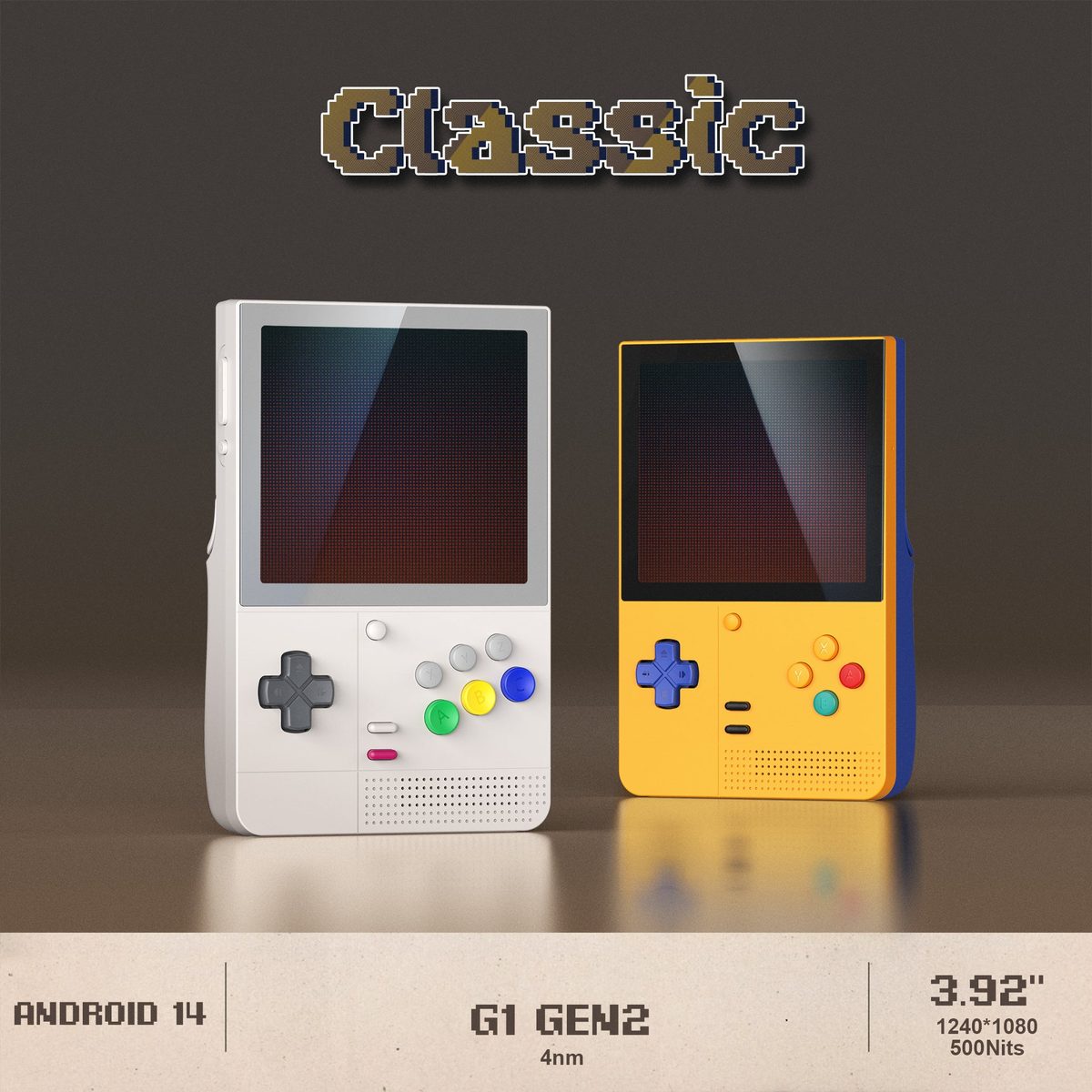 Two Retroid Pocket Classic handhelds, one white and one yellow, on a brown background