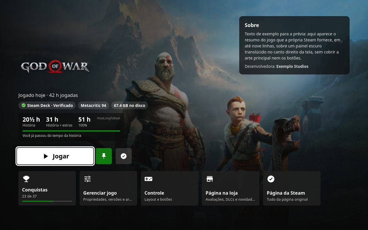 Xbox-style game page with a large Play button, compatibility and HowLongToBeat badges and achievement cards