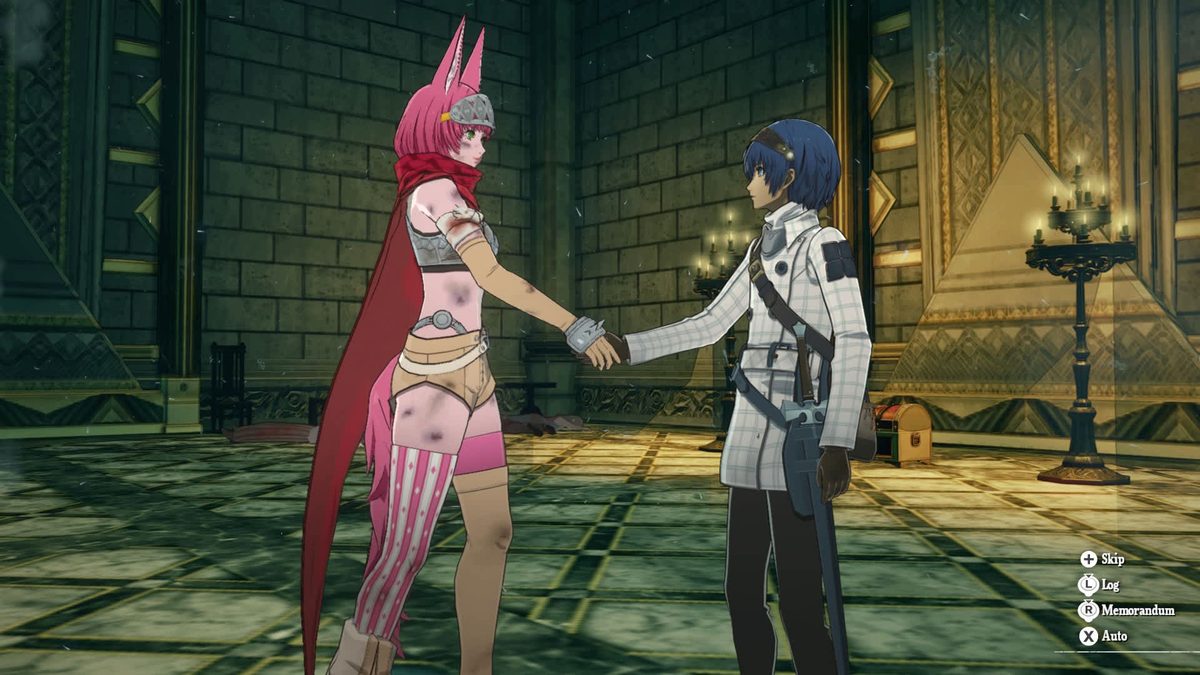 Two Metaphor: ReFantazio characters shaking hands in a stone hall