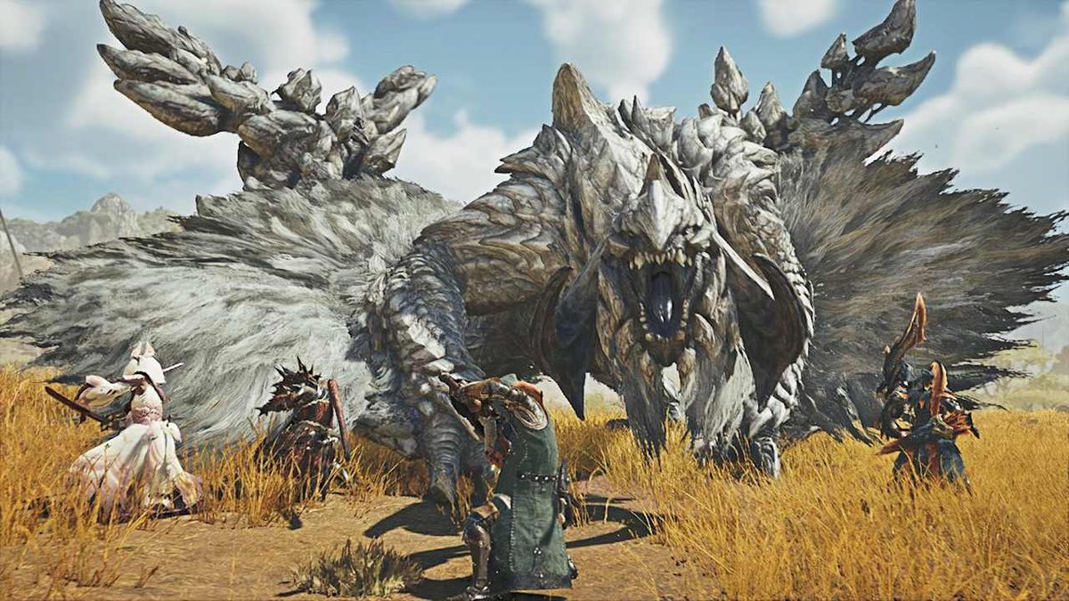 Four hunters facing a large spiked monster in dry grassland in Monster Hunter Wilds