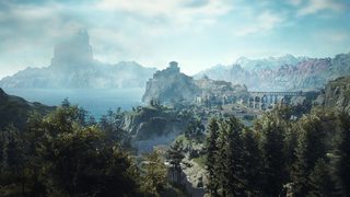Dragon's Dogma 2 screenshot of a coastal valley with a castle town in the distance