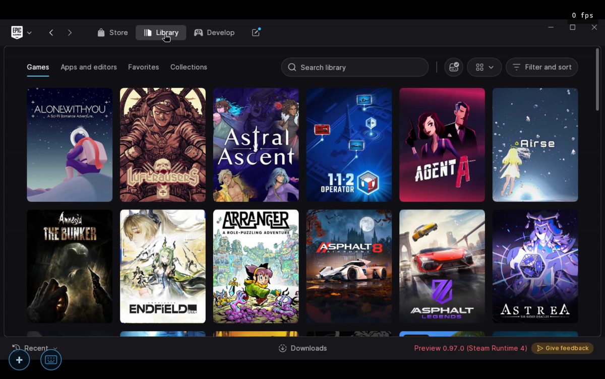 Epic Games Launcher library grid running inside DroidDeck