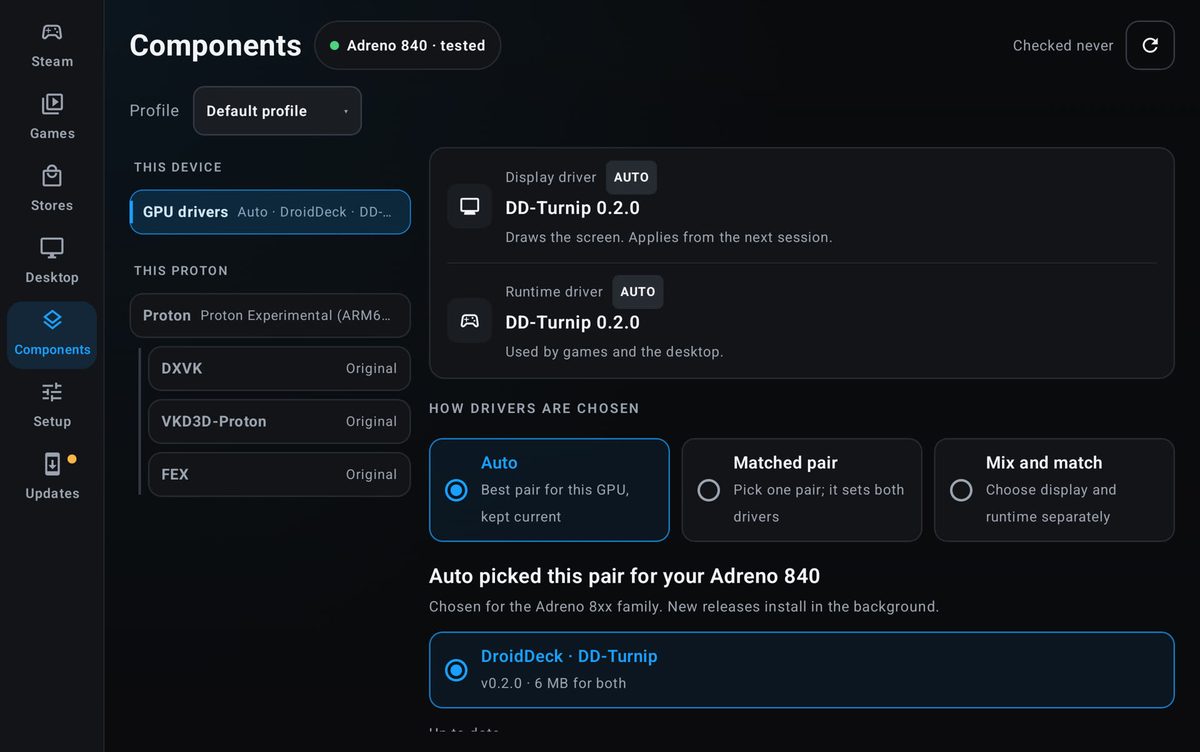 DroidDeck Components page with Auto, Matched pair and Mix and match GPU driver modes