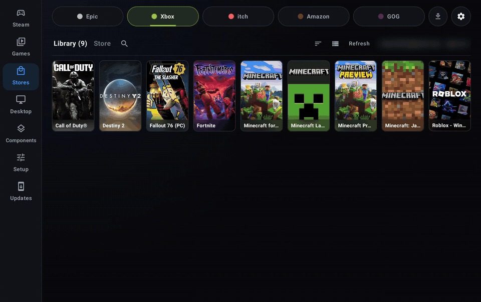 DroidDeck Stores page with the Xbox tab selected, showing a library of nine games including Call of Duty, Destiny 2, Fallout 76, Fortnite and Minecraft