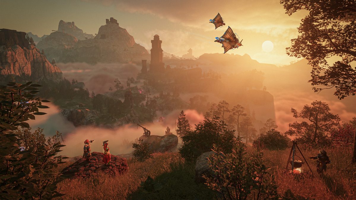 Enshrouded screenshot of a sunlit valley with distant mountains