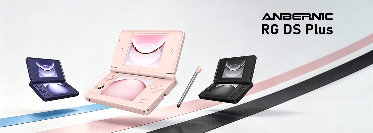 Anbernic RG DS Plus clamshell handhelds in navy, pink and black
