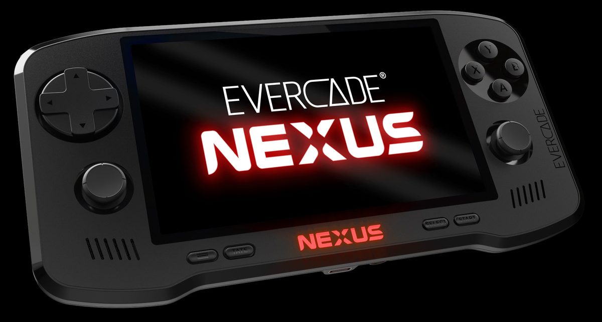 Black Evercade Nexus handheld with dual analog sticks, a D-pad and a red NEXUS logo below the screen