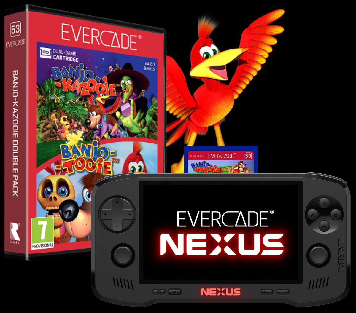 Evercade Nexus next to the Banjo-Kazooie Double Pack cartridge box and Kazooie artwork
