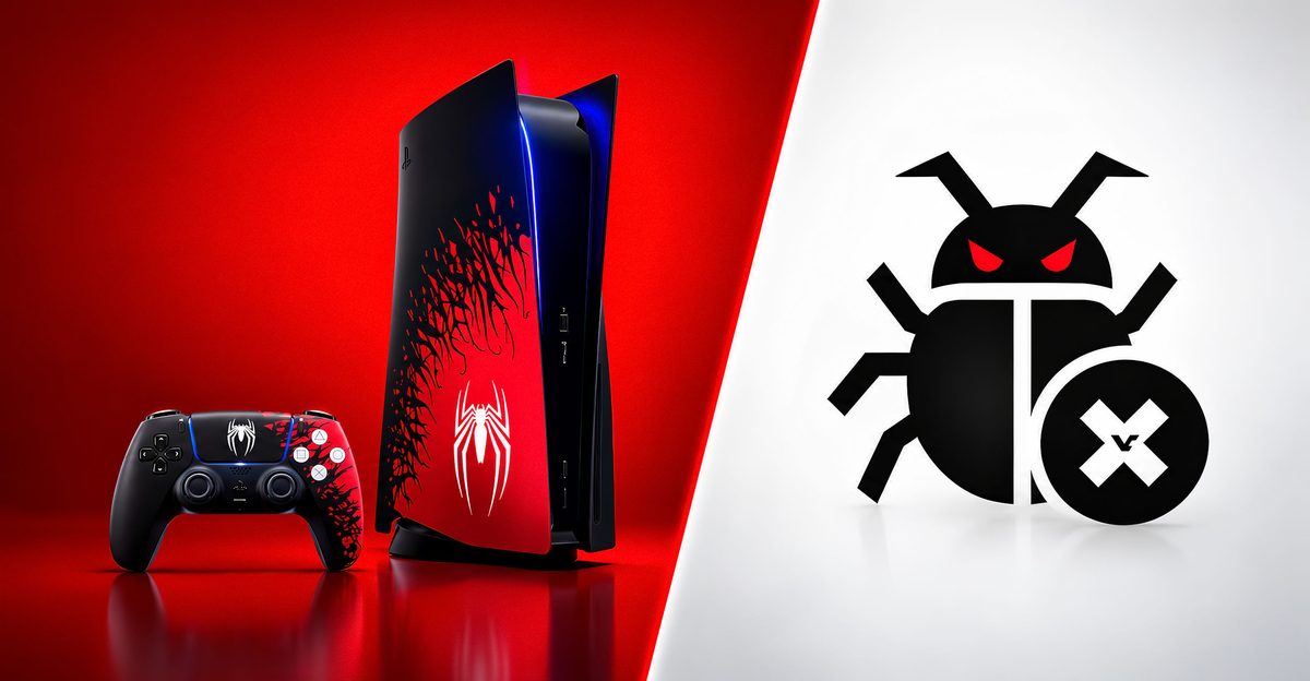 Red PS5 console and controller on the left, a black bug icon with an X on the right