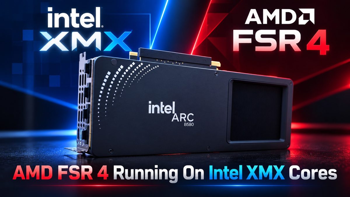 Intel Arc graphics card with Intel XMX and AMD FSR 4 logos