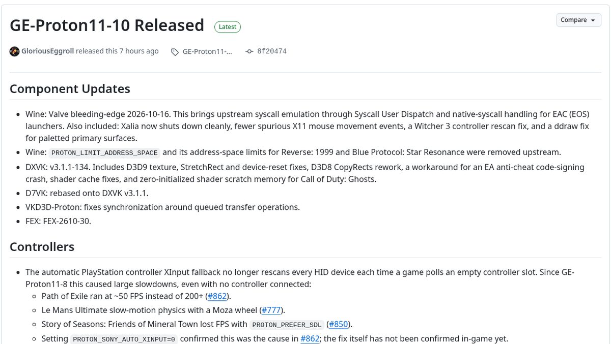 GE-Proton11-10 release notes on GitHub showing the Component Updates and Controllers sections