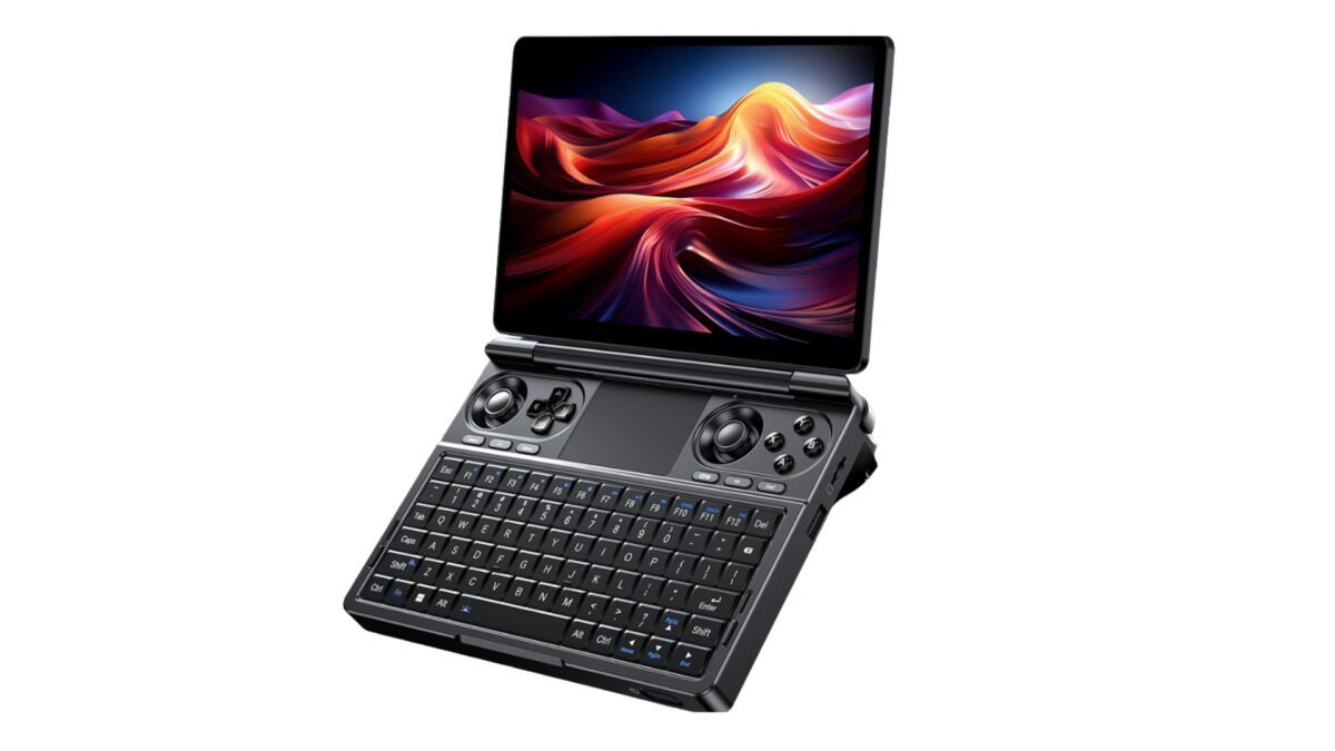 GPD WIN Mini Ultra seen from an angle, showing the thumbsticks, D-pad, touchpad and QWERTY keyboard