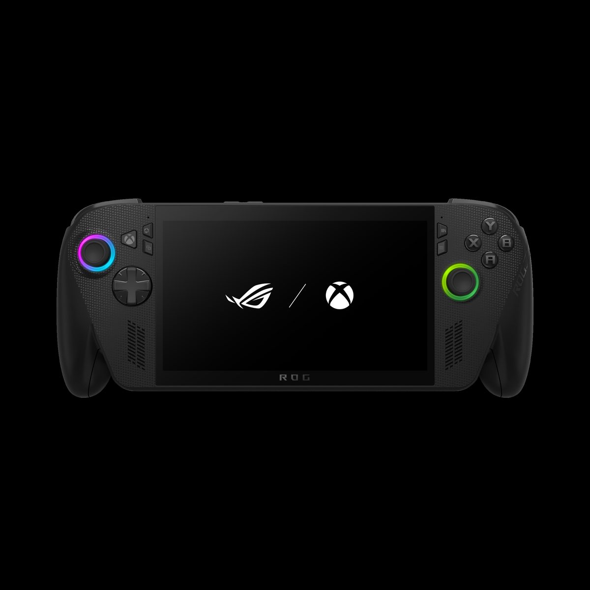 Black ASUS ROG Xbox Ally X handheld, front view with ROG and Xbox logos on screen