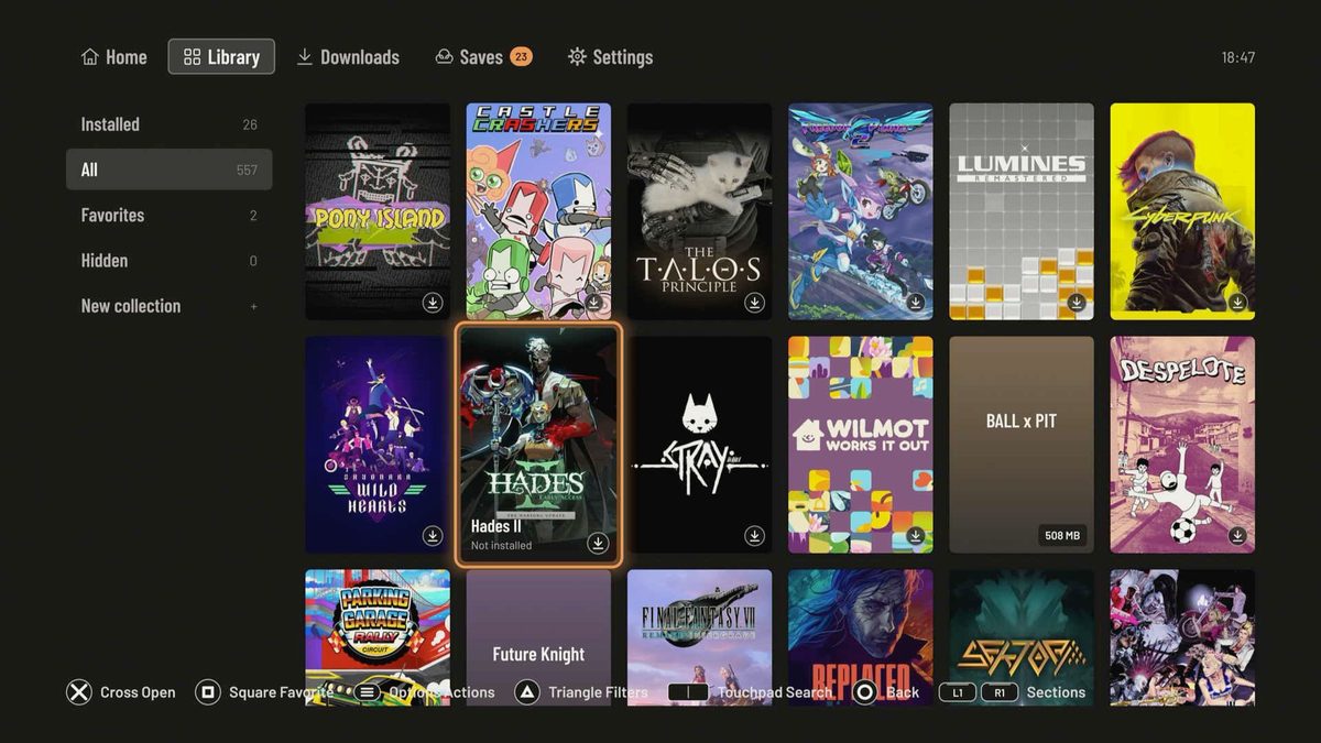 Playden's library screen on the PS5 showing Steam games as cover art