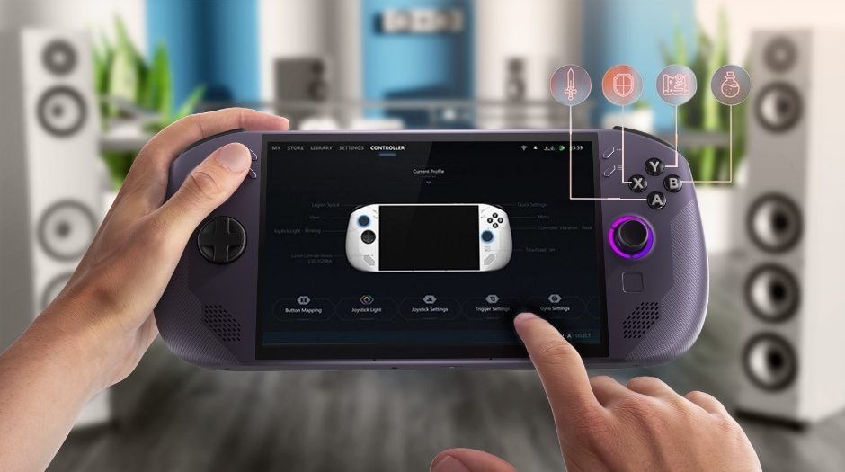 Hands holding a dark purple Legion Go S showing the SteamOS controller settings screen