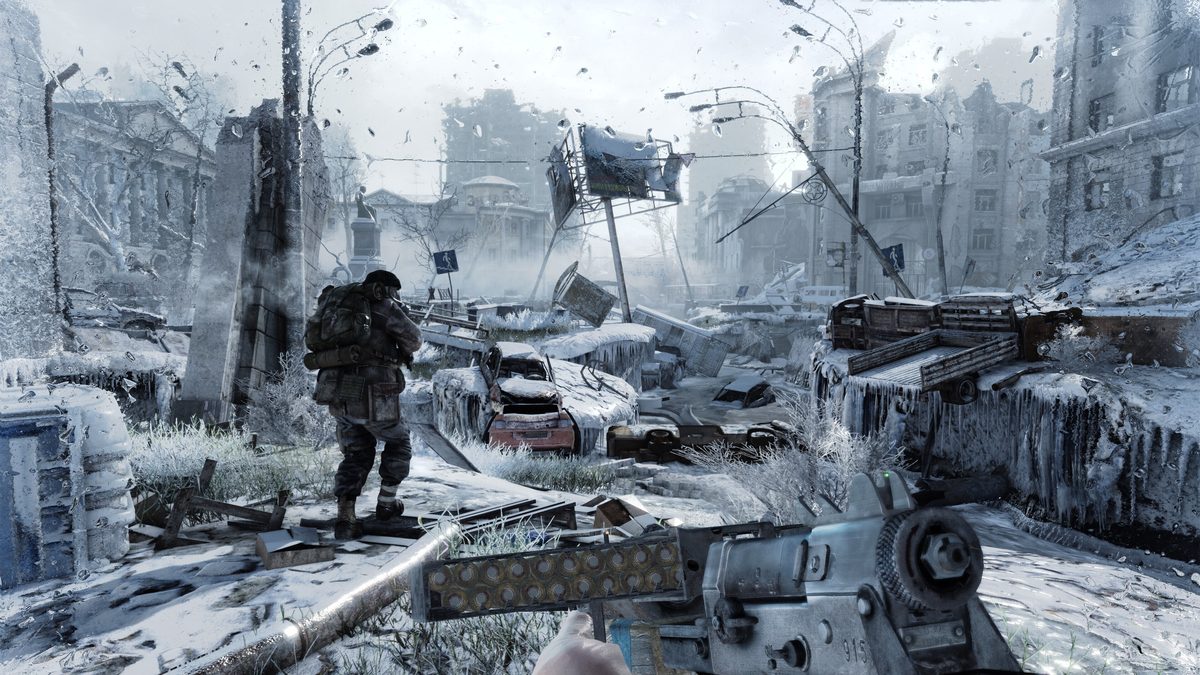 First-person view of a player with a rifle following a soldier through a snowy, ruined Moscow street