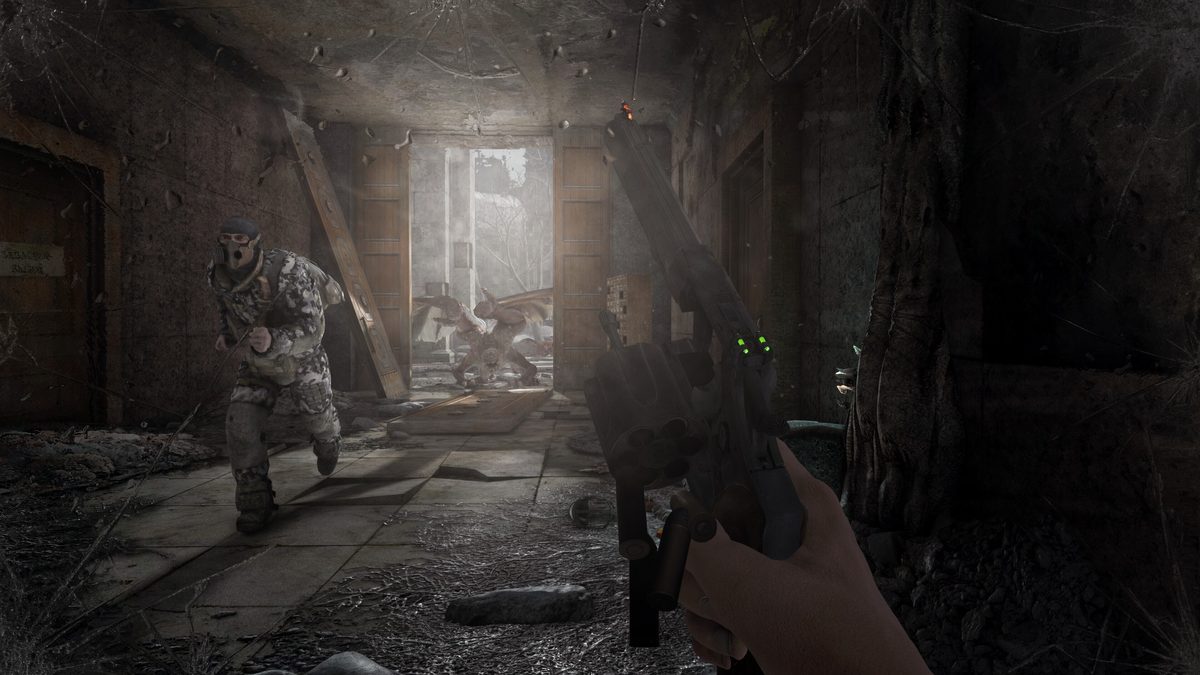 First-person view holding a pistol in a dark, ruined room as an enemy runs toward the player