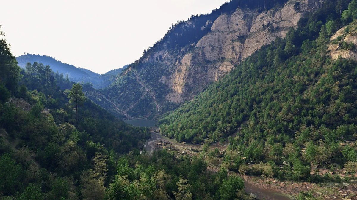Forested mountain valley rendered in NVIDIA's dx12_forest_ray_tracing demo