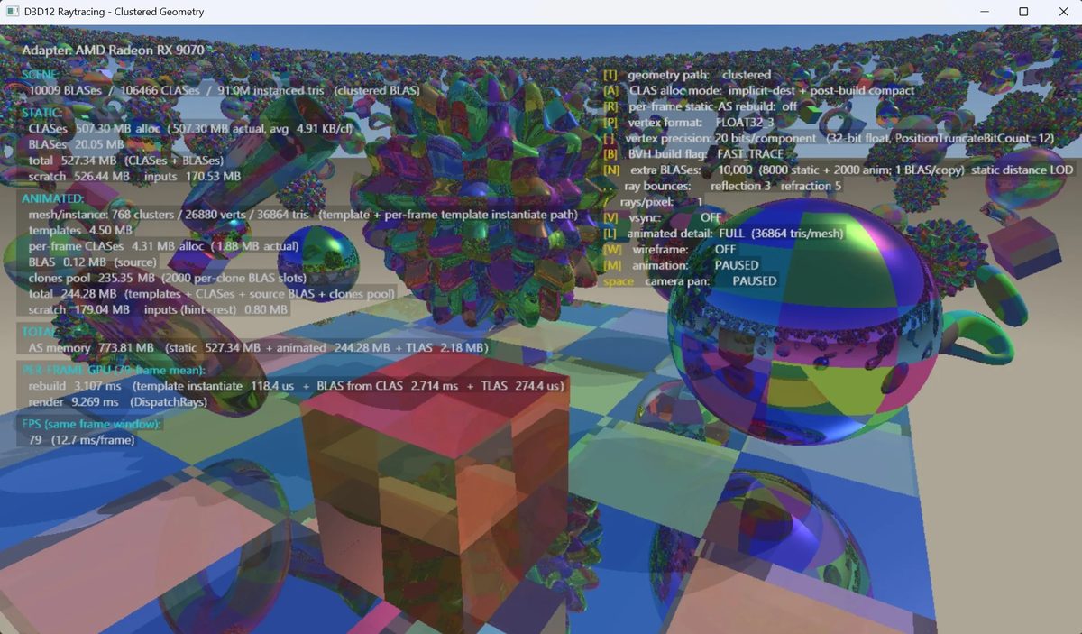 Microsoft's D3D12 Clustered Geometry sample on an AMD Radeon RX 9070 with stats overlay showing 79 FPS