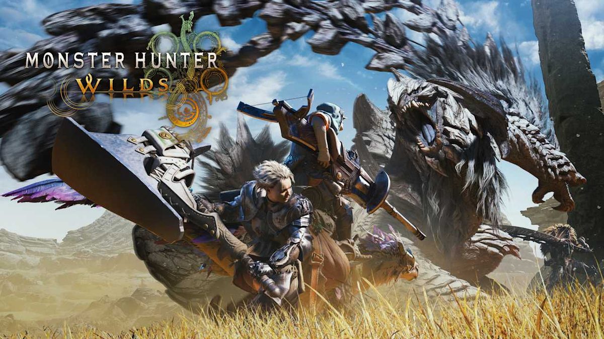Monster Hunter Wilds key art with hunters and a large monster